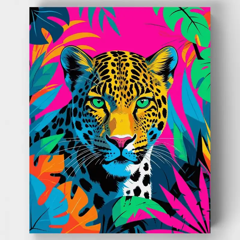 Envío Inmediato Leopardo Neón Vibrante en Jungla Tropical - Kit de pintar por números - Lienzo Enrollado / 24 Colores