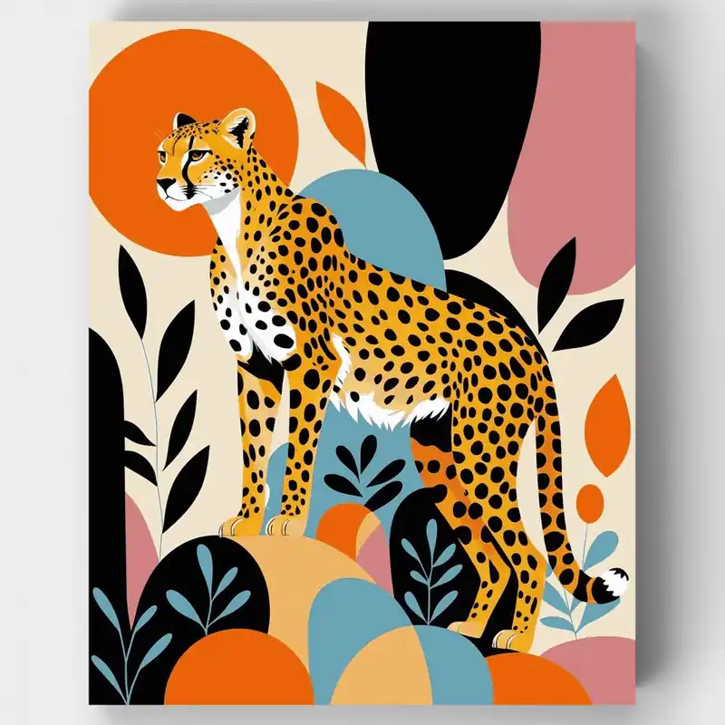 Garantía Incluida Kit de pintar por números de Guepardo Estilizado en Jardín Abstracto - Lienzo Enrollado / 24 Colores