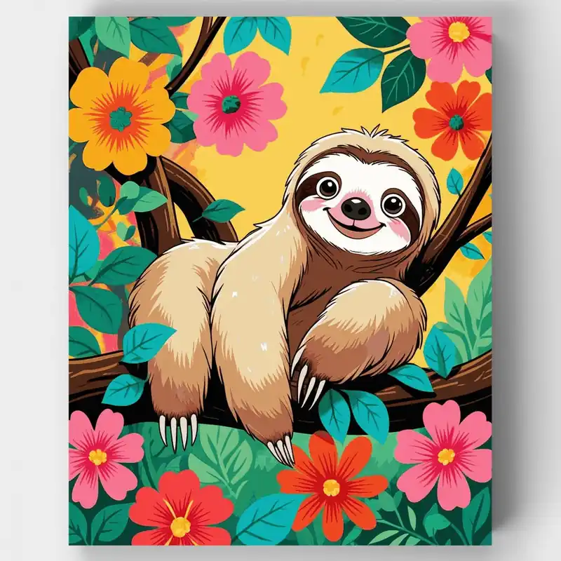 Promoción Exclusiva Perezoso Feliz en Flores Tropicales - Kit de pintar por números - Lienzo Enrollado / 24 Colores