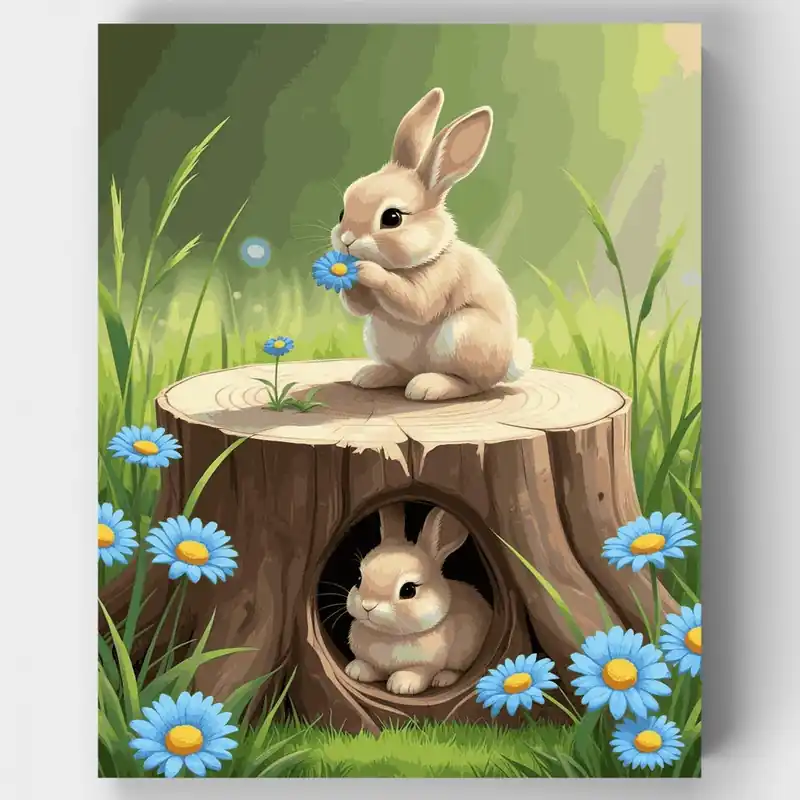 Gran Oferta Conejitos Adorables en Tocón de Árbol - Kit de pintar por números - Lienzo Enrollado / 24 Colores