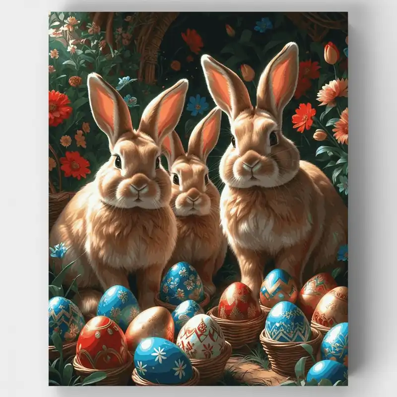 Compra Hoy Familia de Conejos de Pascua con Huevos Decorados - Kit de pintar por números - Lienzo Enrollado / 24 Colores