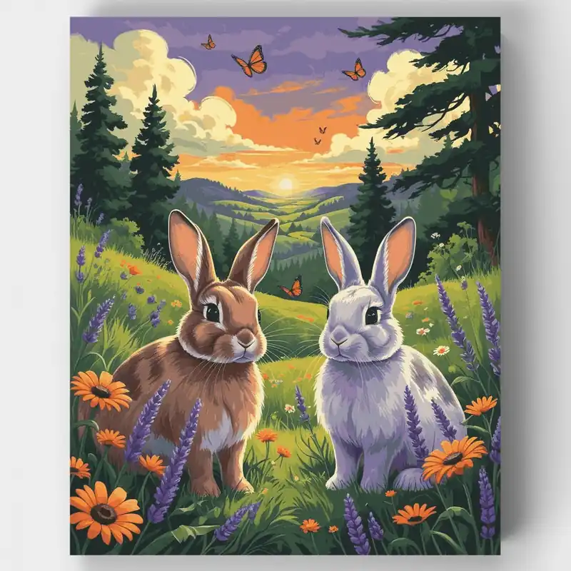 Conejitos en Pradera al Atardecer - Kit de pintar por números - Lienzo Enrollado / 24 Colores Precio Bajo