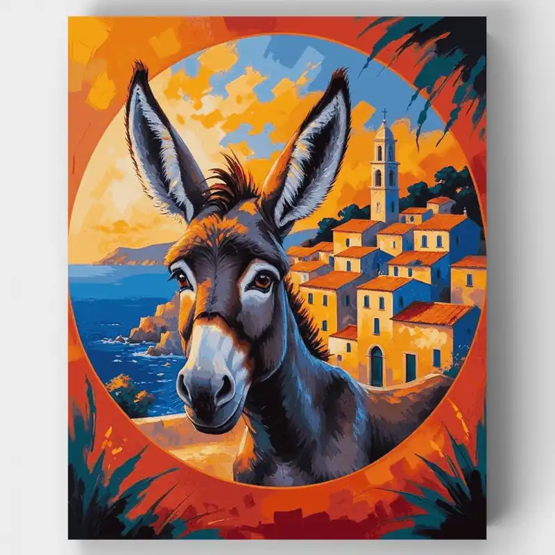 Donkey in Mediterranean Village - Paint by Numbers Kit - Lienzo Enrollado / 24 Colores Disponible Ahora