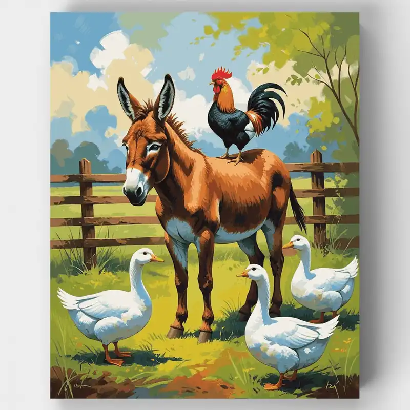 Popular Farmyard Friends with Donkey and Rooster - Paint by Numbers Kit - Lienzo Enrollado / 24 Colores