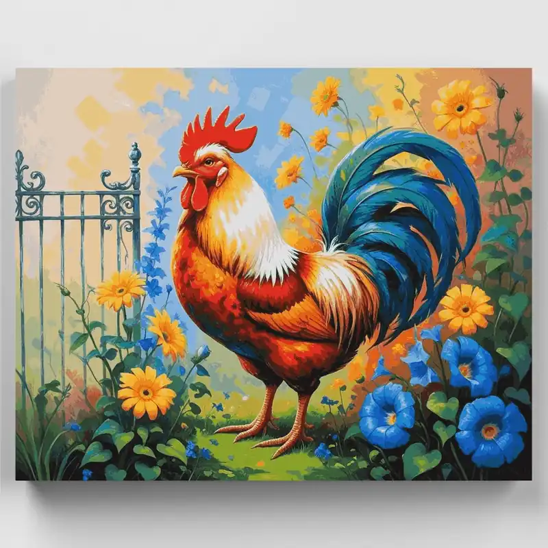 Última Versión Vibrant Rooster in Flower Garden - Paint by Numbers Kit - Lienzo Enrollado / 24 Colores