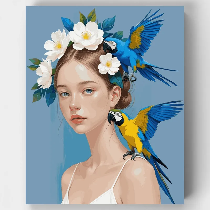 Portrait with Macaws and Flowers - Paint by Numbers Kit - Lienzo Enrollado / 24 Colores Ordena Ya