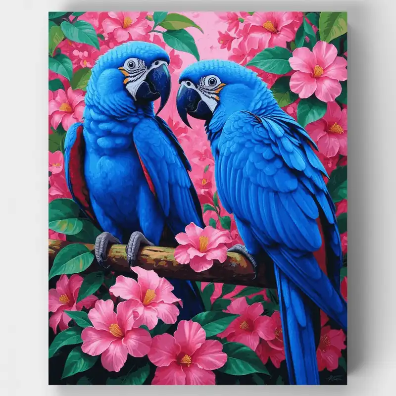 Blue Macaws in Pink Hibiscus Garden - Paint by Numbers Kit - Lienzo Enrollado / 24 Colores No Te Lo Pierdas