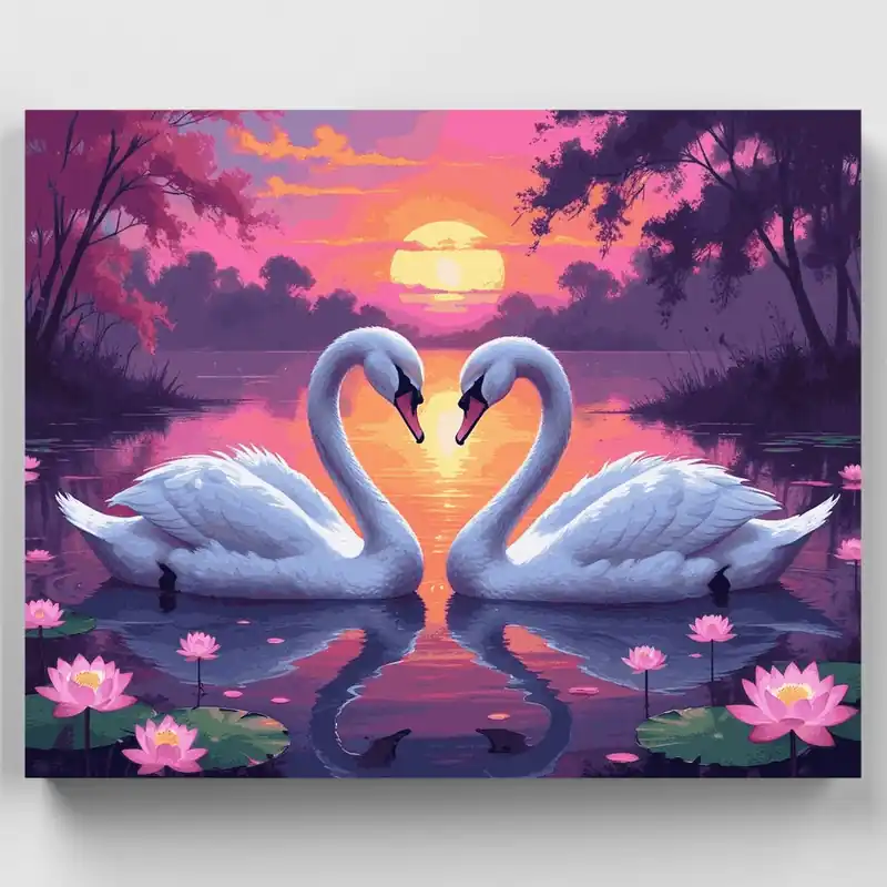 Romantic Swans on Tranquil Lake at Sunset - Paint by Numbers Kit - Lienzo Enrollado / 24 Colores Profesional