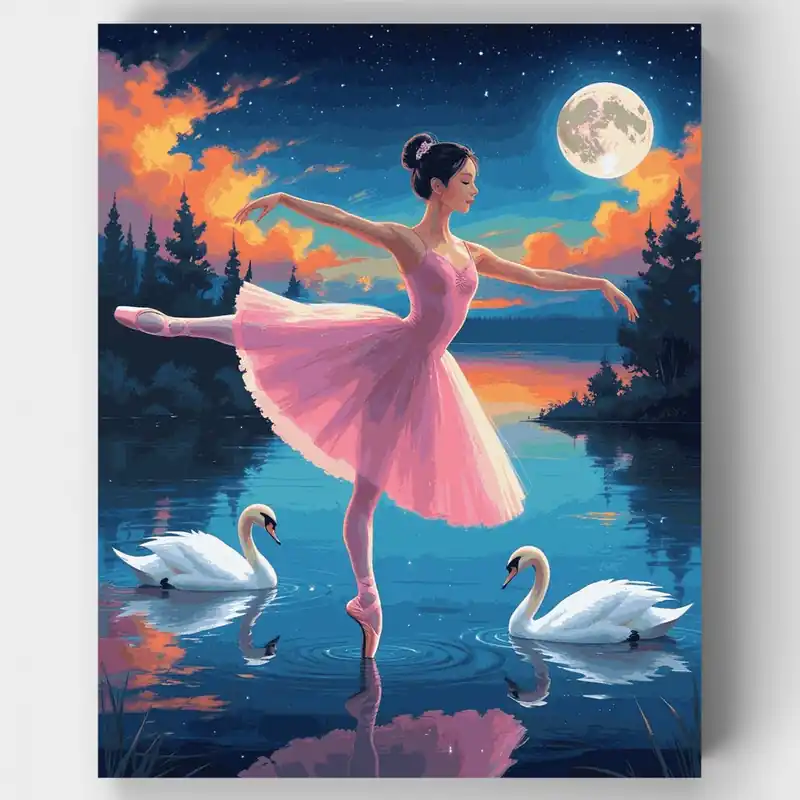 Imprescindible (Must-Have) Bailarina Bailando con Cisnes Bajo la Luz de la Luna - Kit de Pintar por Números - Lienzo Enrollado / 24 Colores