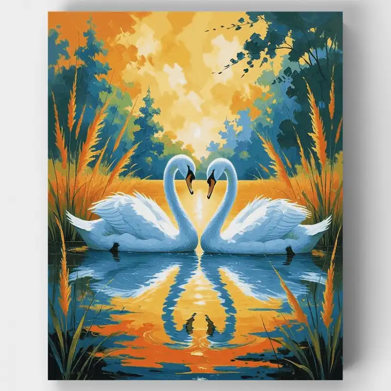 Favorito De Clientes Cisnes Enamorados en Atardecer Dorado - Kit de pintar por números - Lienzo Enrollado / 24 Colores