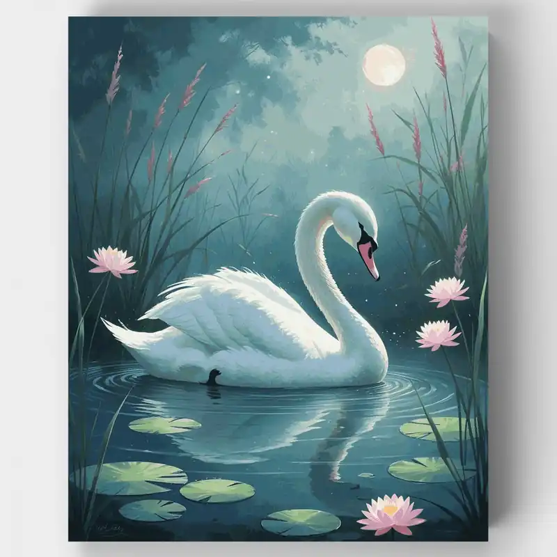 Súper Precio Elegante Cisne Blanco en Estanque Iluminado por la Luna - Kit de Pintar por Números - Lienzo Enrollado / 24 Colores