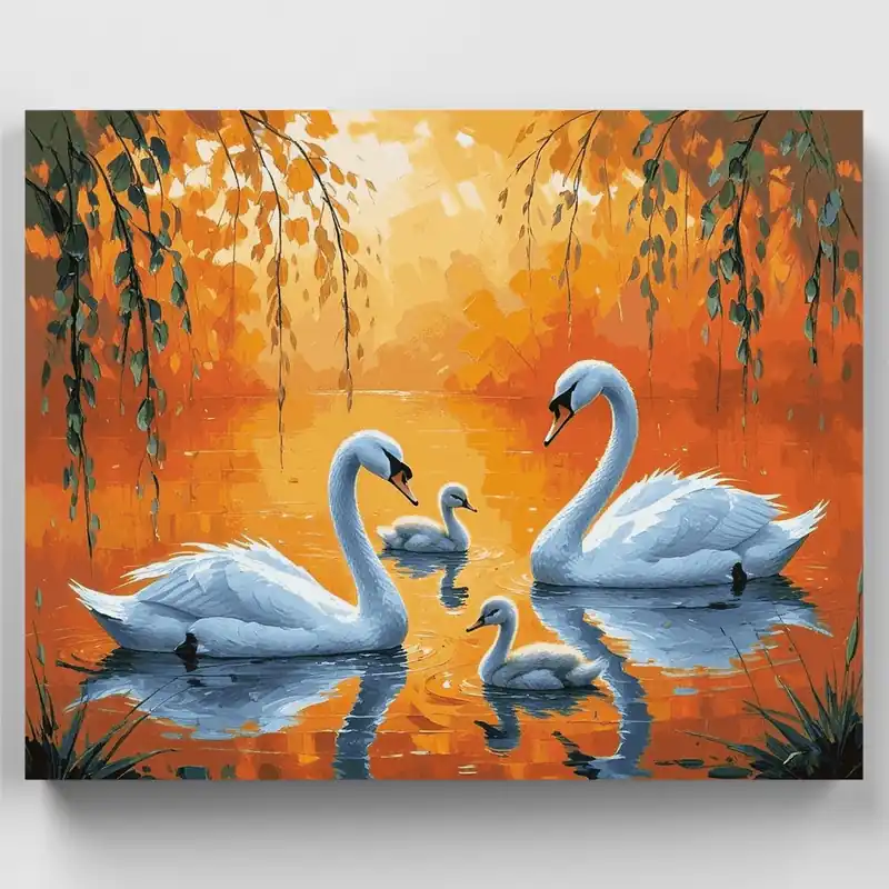 Cisnes al Atardecer - Kit de pintar por números - Lienzo Enrollado / 24 Colores Mayoreo