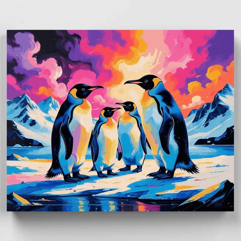 Hecho A Mano Pingüinos Bajo Cielo de Aurora - Kit de Pintar por Números - Lienzo Enrollado / 24 Colores