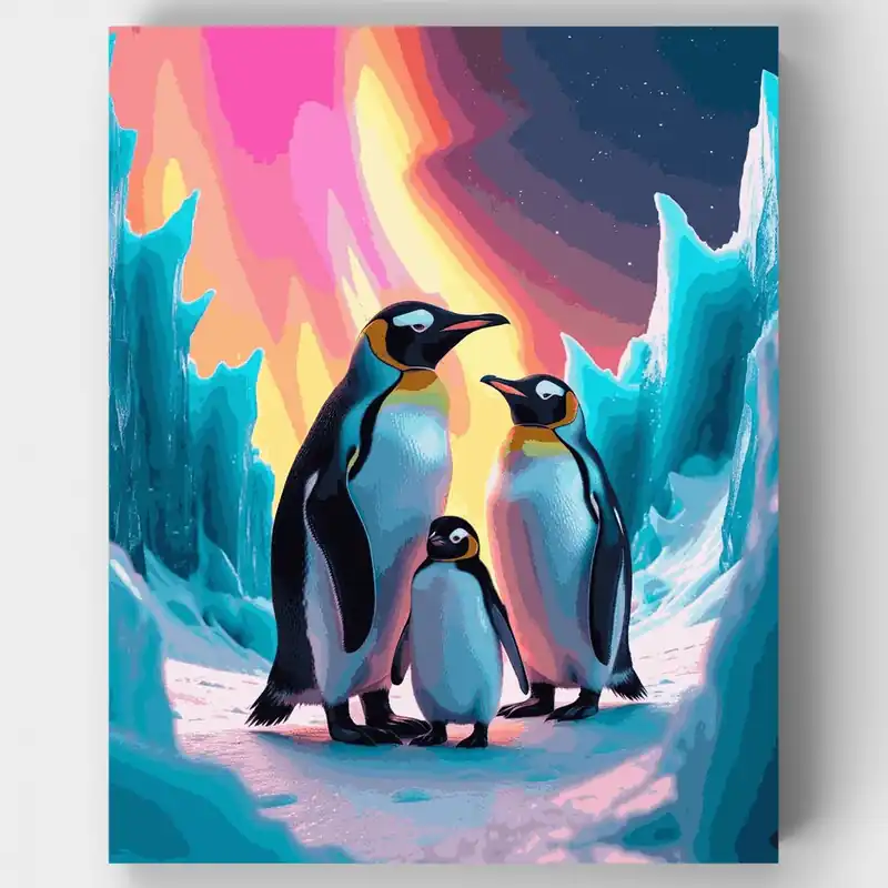 Auténtico Pingüinos Emperador Bajo la Aurora - Kit de Pintar por Números - Lienzo Enrollado / 24 Colores