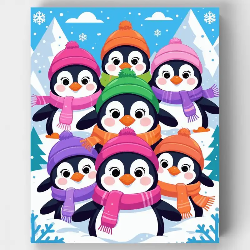 Bestseller Pingüinos Adorables con Bufandas de Invierno - Kit de Pintar por Números - Lienzo Enrollado / 24 Colores