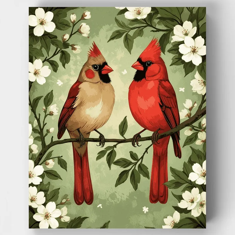 Cardenales en Rama con Flores Blancas - Kit de Pintar por Números - Lienzo Enrollado / 24 Colores Garantía Incluida