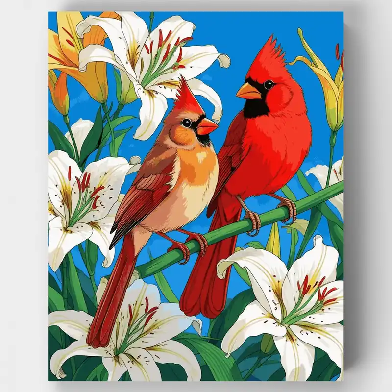 Cardenales y Lirios Blancos - Kit de pintar por números - Lienzo Enrollado / 24 Colores Gran Oferta