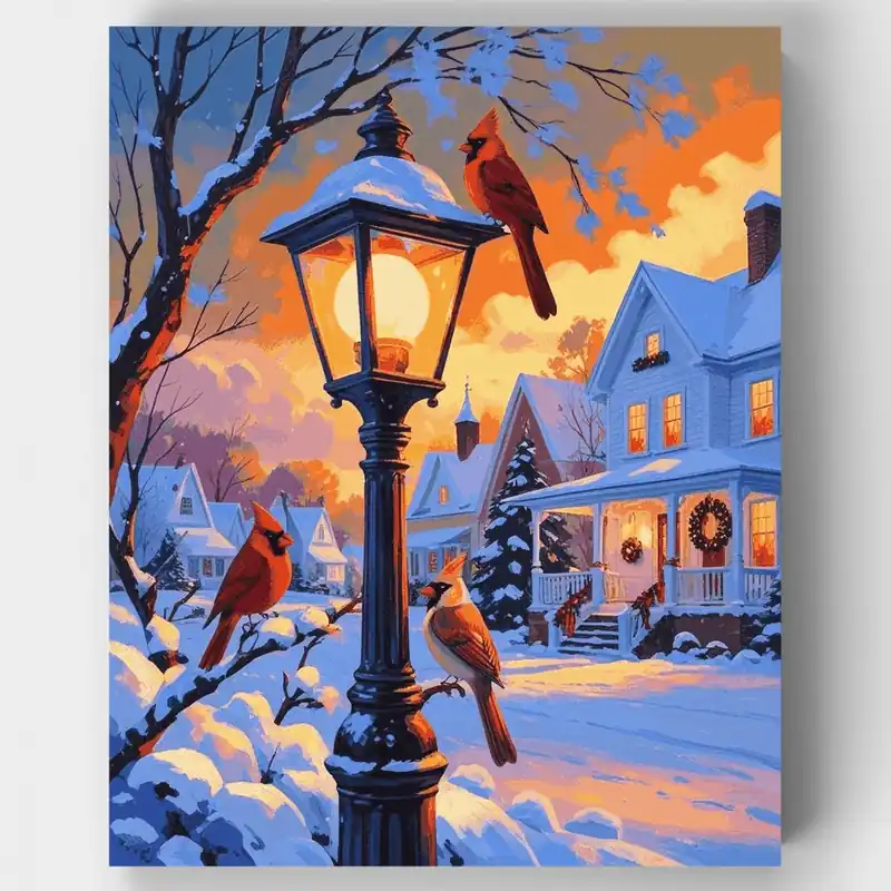 Súper Precio Cardenales en Pueblo Nevado con Farola - Kit de pintar por números - Lienzo Enrollado / 24 Colores