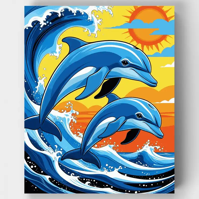 Devolución Gratuita Delfines Saltando Entre Olas del Océano - Kit de pintar por números - Lienzo Enrollado / 24 Colores