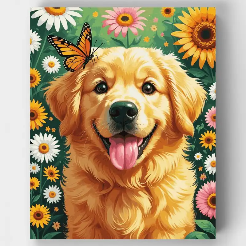 Precio De Oferta Golden Retriever en Jardín de Flores - Kit de pintar por números - Lienzo Enrollado / 24 Colores
