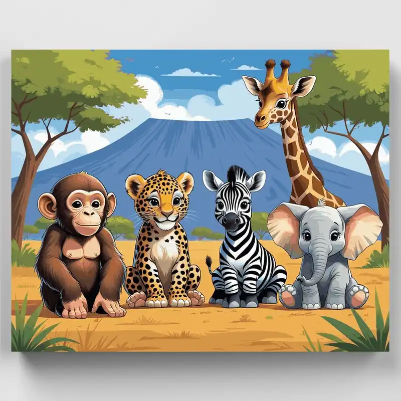Safari Aventura de Animales Bebé - Kit de pintar por números - Lienzo Enrollado / 24 Colores Barato
