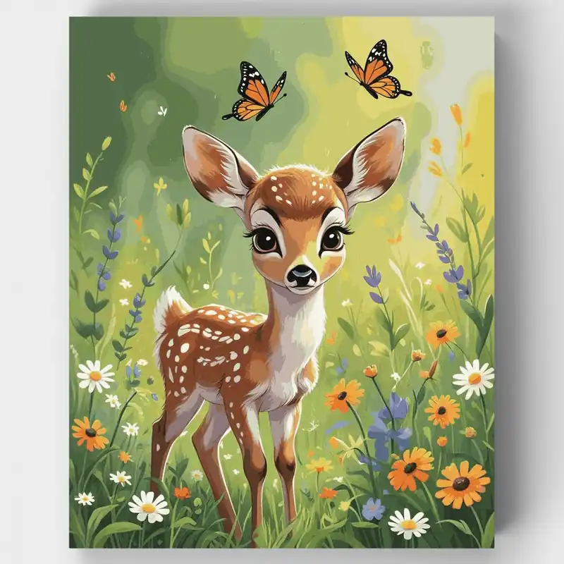 Cervatillo con Mariposas en Pradera - Kit de pintar por números - Lienzo Enrollado / 24 Colores Gran Oferta