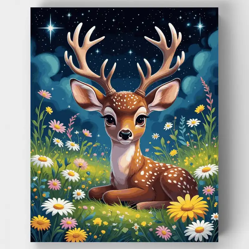 Ciervo Encantado en Pradera Estrellada - Kit de pintar por números - Lienzo Enrollado / 24 Colores Envío Inmediato