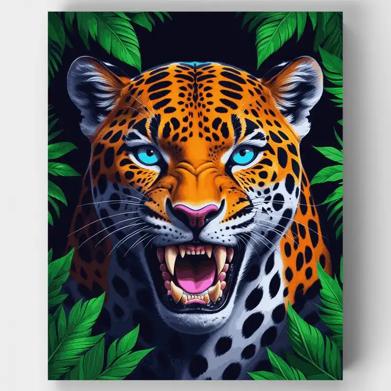 Jaguar Feroz con Ojos Azules Impactantes - Kit de Pintar por Números - Lienzo Enrollado / 24 Colores Exclusivo