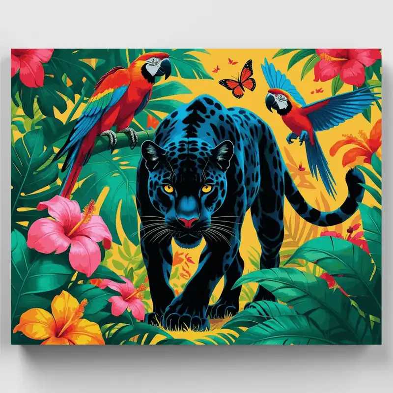Precio Rebajado Jaguar Azul en Paraíso Tropical - Kit de pintar por números - Lienzo Enrollado / 24 Colores
