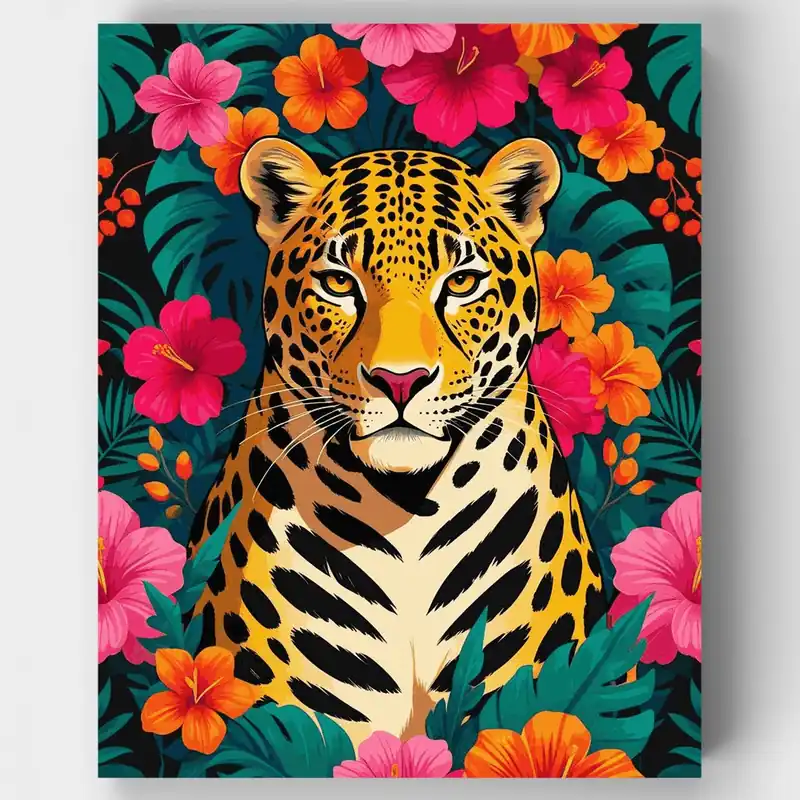 Hecho A Mano Kit de Jaguar Tropical con Flores Vibrantes - Kit de pintar por números - Lienzo Enrollado / 24 Colores