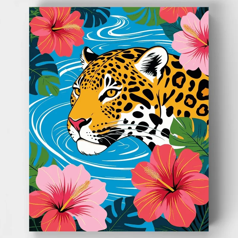 Jaguar Bebiendo de Aguas Tropicales - Kit de Pintar por Números - Lienzo Enrollado / 24 Colores Original