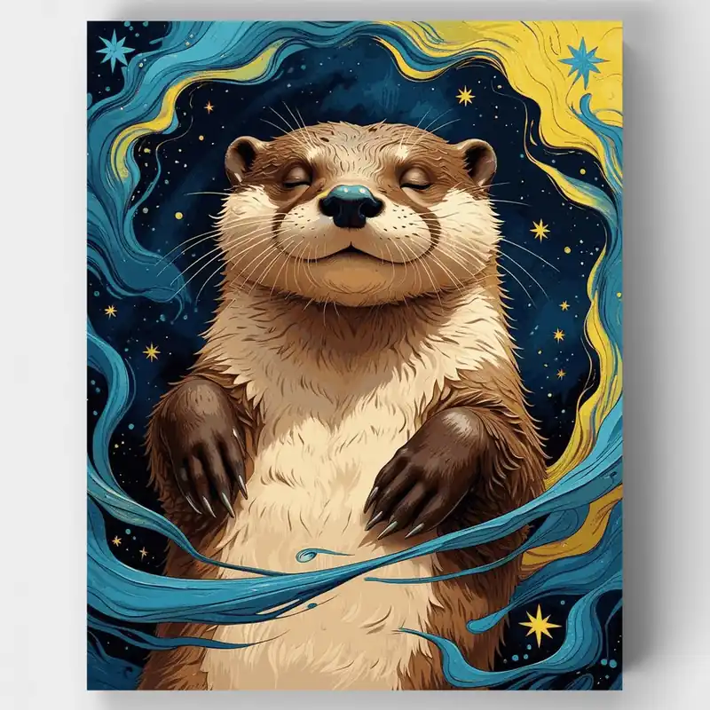 Artesanal Nutria Serena Bajo Noche Estrellada - Kit de pintar por números - Lienzo Enrollado / 24 Colores