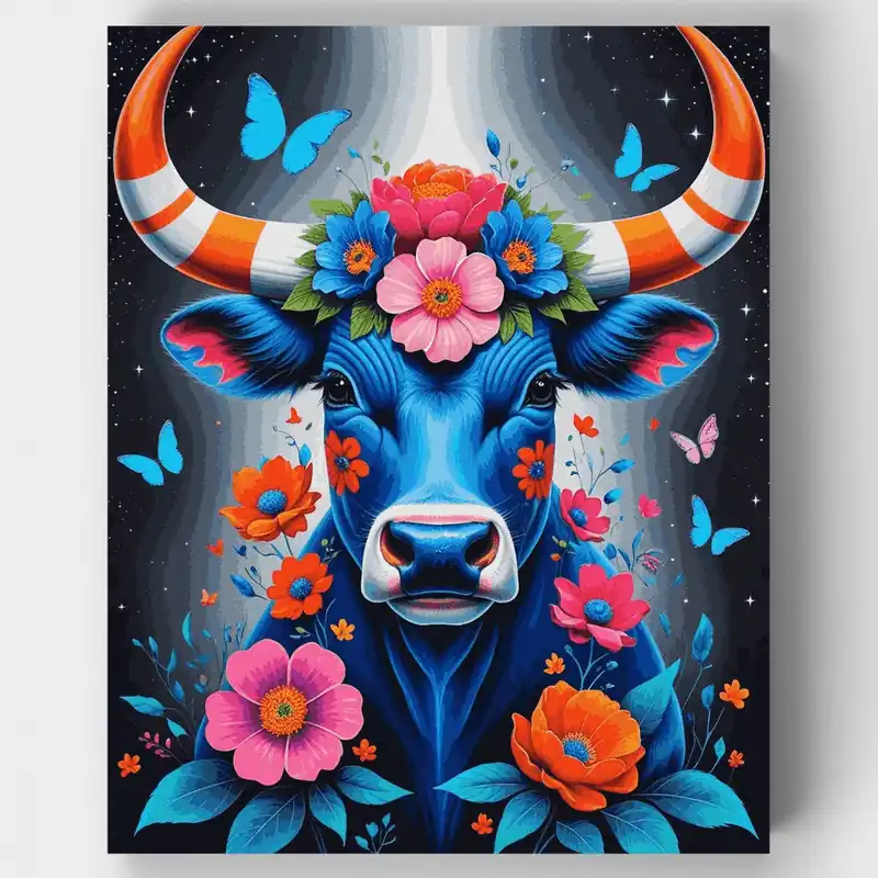 Toro Azul Vibrante con Corona Floral - Kit de pintar por números - Lienzo Enrollado / 24 Colores Precio Rebajado