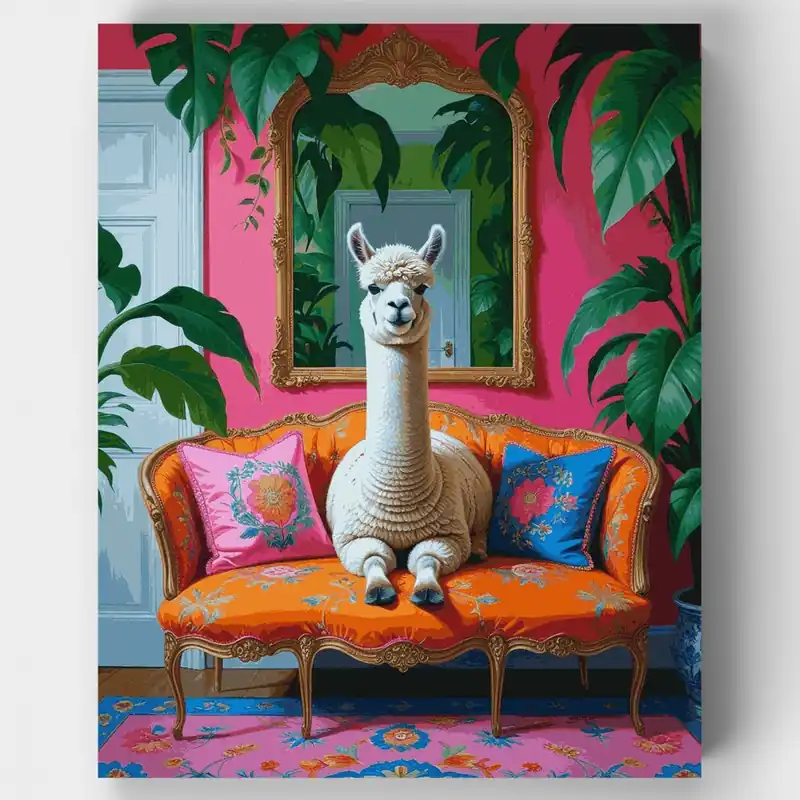 Alpaca Elegante en Sofá Ornamentado - Kit de pintar por números - Lienzo Enrollado / 24 Colores Imprescindible (Must-Have)