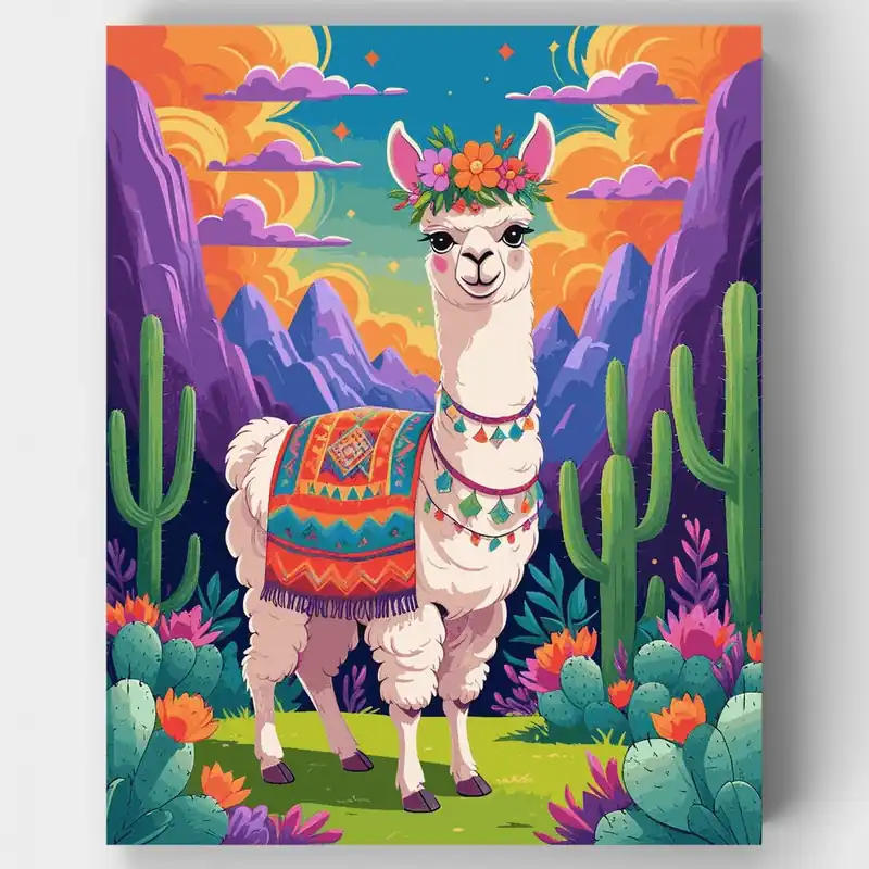 Disponible Ahora Kit de Alpaca Festiva en Paisaje Desértico - Kit de pintar por números - Lienzo Enrollado / 24 Colores