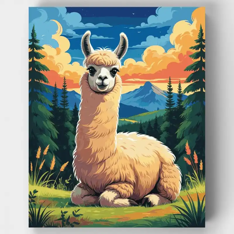 Alpaca de Montaña al Atardecer - Kit de pintar por números - Lienzo Enrollado / 24 Colores Mejor Calidad