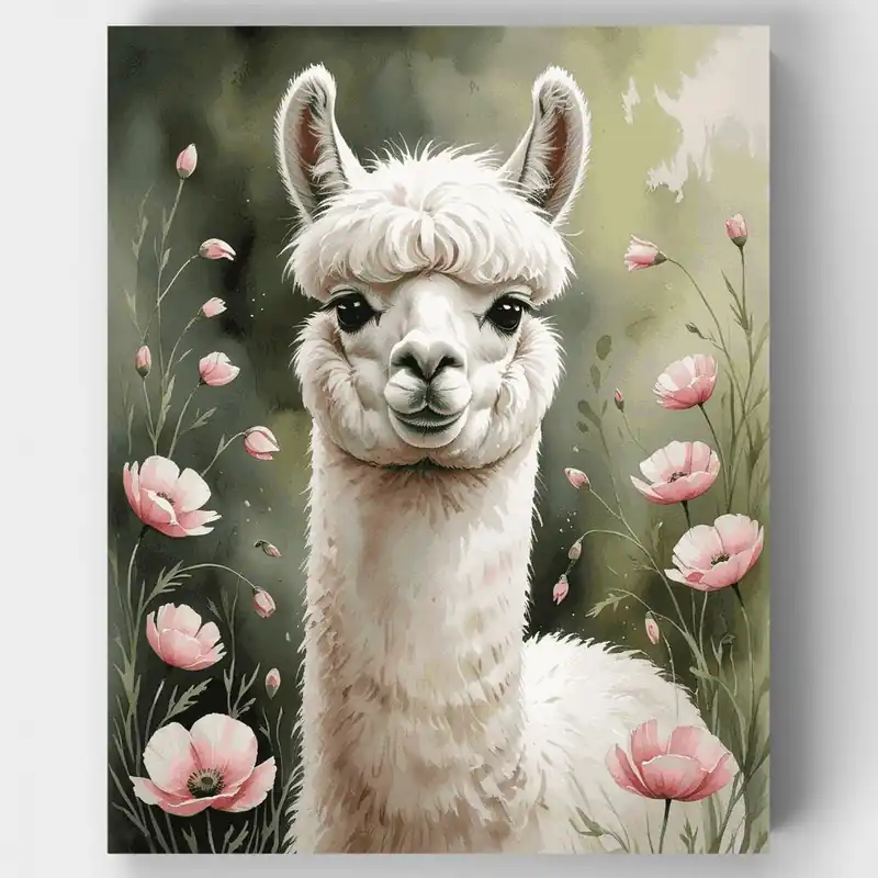 Certificado Alpaca Sonriente con Amapolas Rosas - Kit de pintar por números - Lienzo Enrollado / 24 Colores