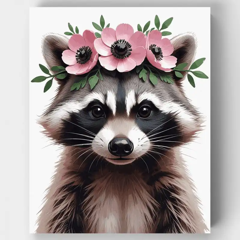 Mapache con Corona de Flores - Kit de pintar por números - Lienzo Enrollado / 24 Colores Precio Rebajado