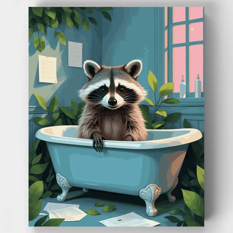 Mapache en Bañera - Kit de pintar por números - Lienzo Enrollado / 24 Colores Alta Calidad