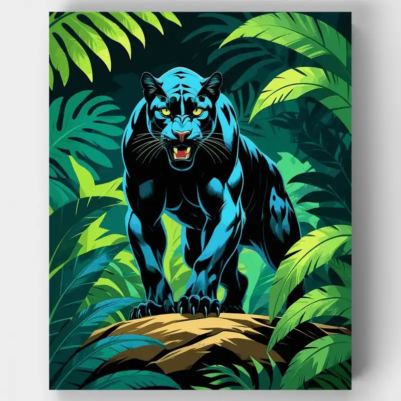 Artesanal Pantera Azul Majestuosa en la Jungla - Kit de pintar por números - Lienzo Enrollado / 24 Colores