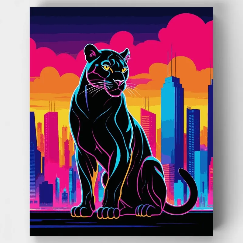 Precio Económico Pantera Neón Sobre Paisaje Urbano Vibrante - Kit de Pintar por Números - Lienzo Enrollado / 24 Colores