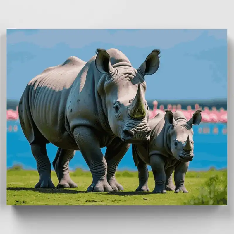 De Moda Rinoceronte Madre y Bebé junto al Lago de Flamencos - Kit de pintar por números - Lienzo Enrollado / 24 Colores