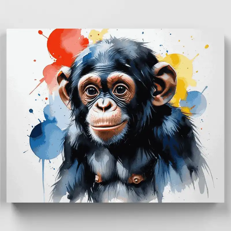 Bebé Chimpancé Juguetón con Salpicadura de Acuarela - Kit de Pintar por Números - Lienzo Enrollado / 24 Colores Máxima Calidad