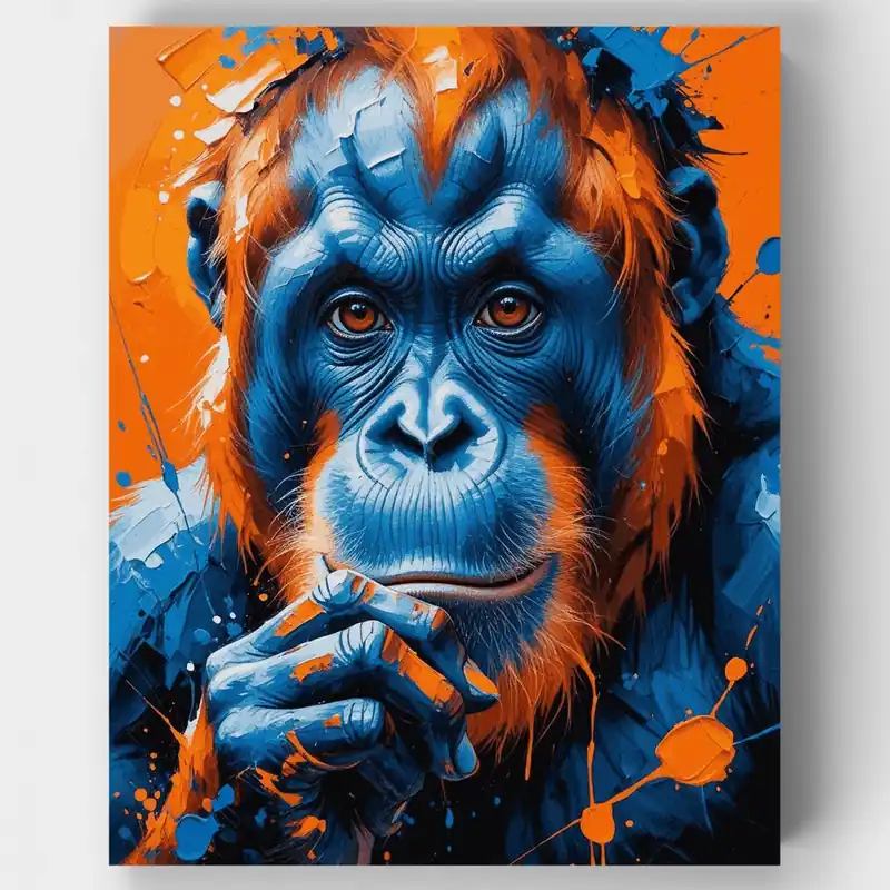 Edición Limitada Orangután Pensativo en Azul y Naranja - Kit de Pintar por Números - Lienzo Enrollado / 24 Colores
