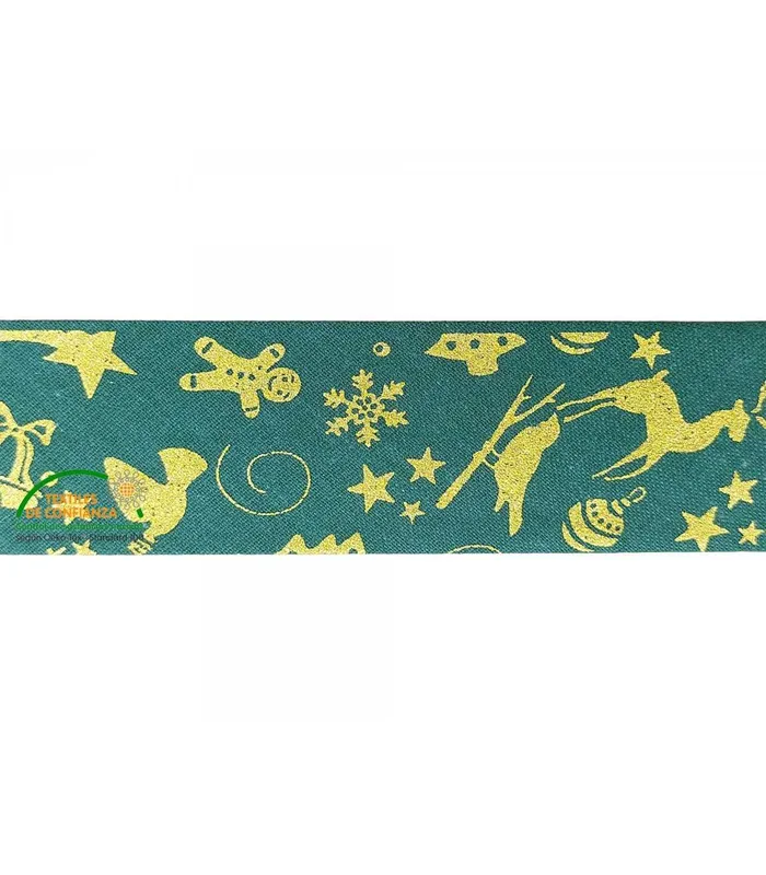 Máxima Calidad Bies Algodón Navidad 18mm - Color Verde y oro