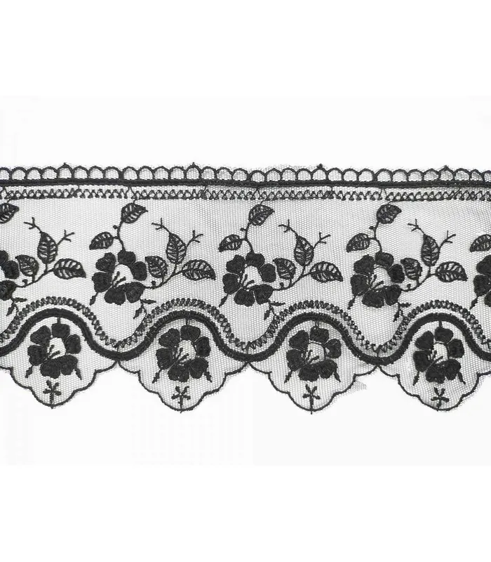 Tul Bordado - Ancho 9 cm - Pieza 8 metros - 4 Colores - Negro Nueva Colección