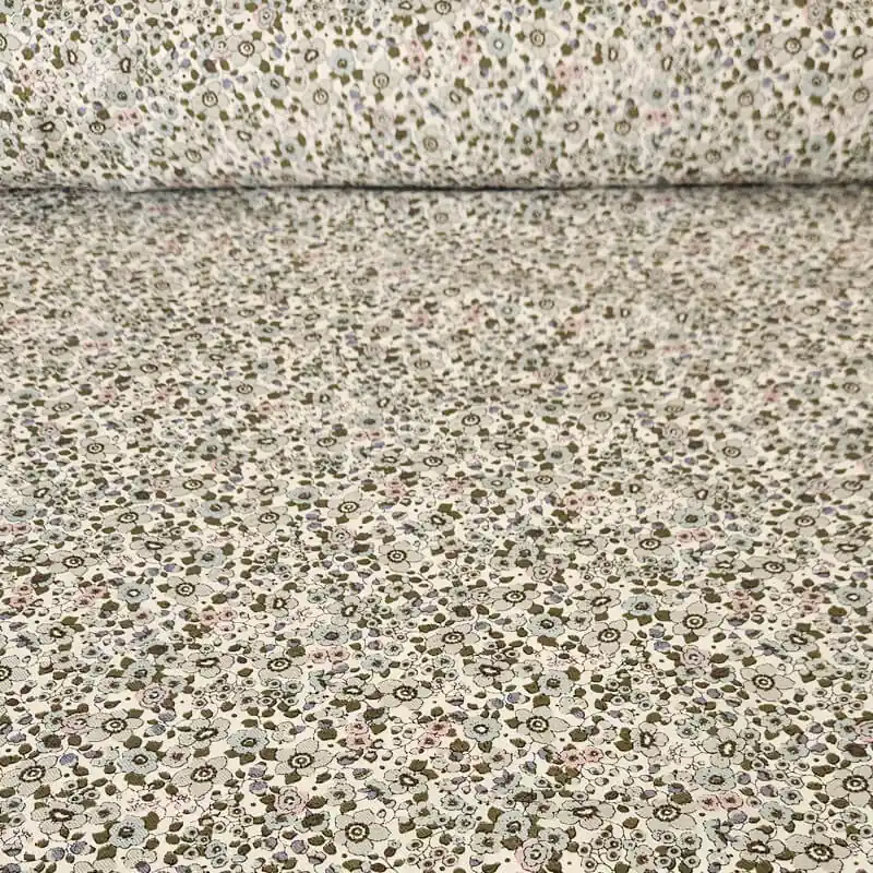 Tela de Viella Blanca Flores Verde Hoja (ancho 1,50M) Hecho A Mano