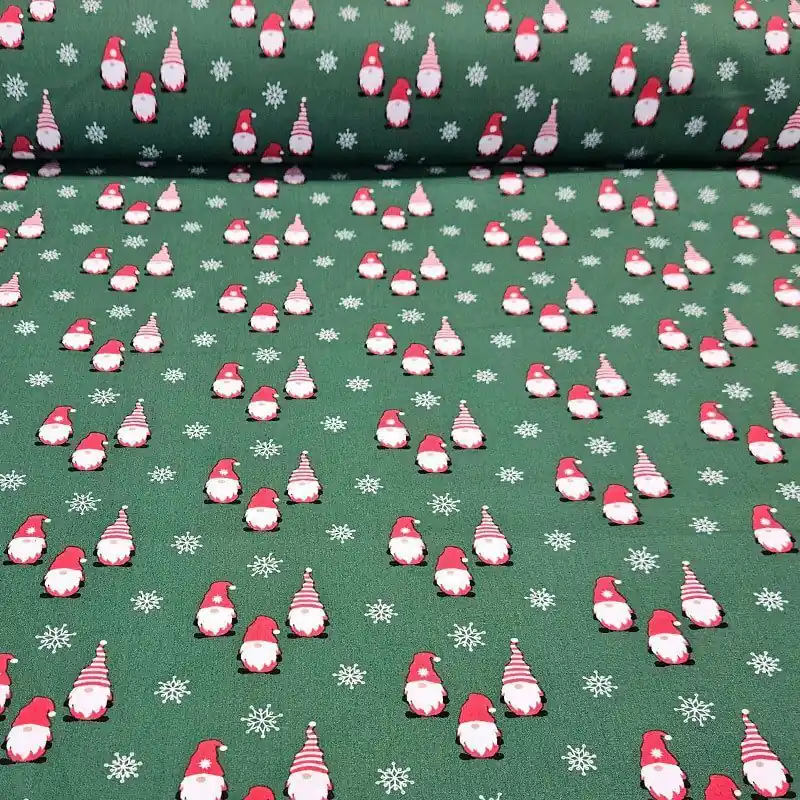 Tela de Popelín Algodón Verde Gnomos Navideños (ancho 1,50M) Devolución Gratuita