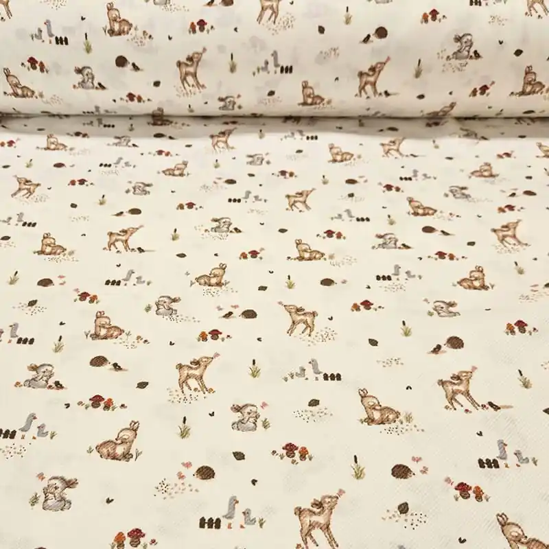 Tela de Sarga Blanco Roto Cervatillos y Erizos (ancho 1,50M) Precio De Oferta