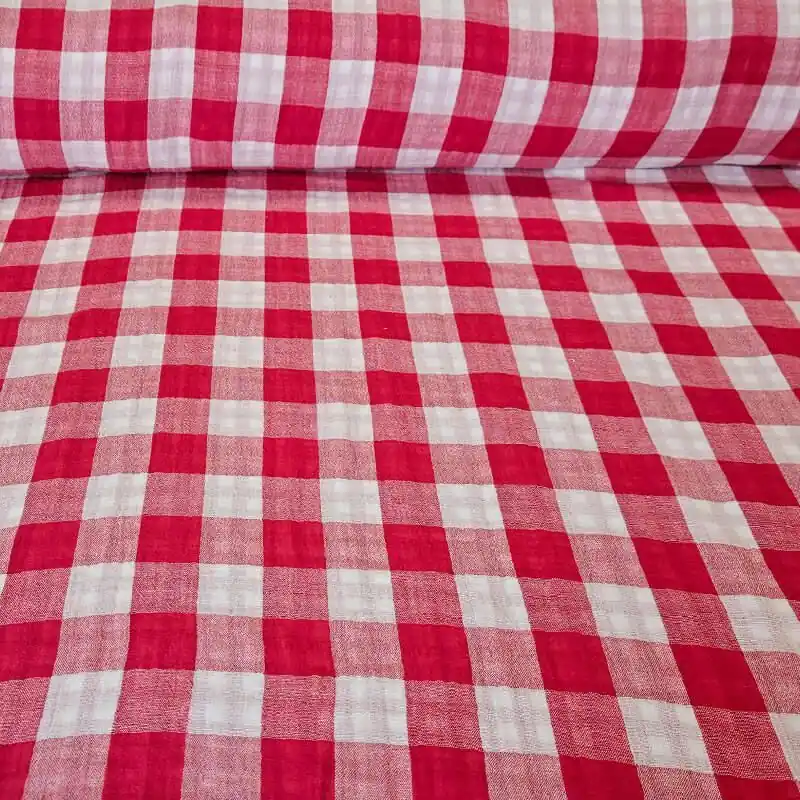 Tela de Doble Gasa Bambula Vichy Roja Reversible (ancho 1,30M) Últimas Unidades